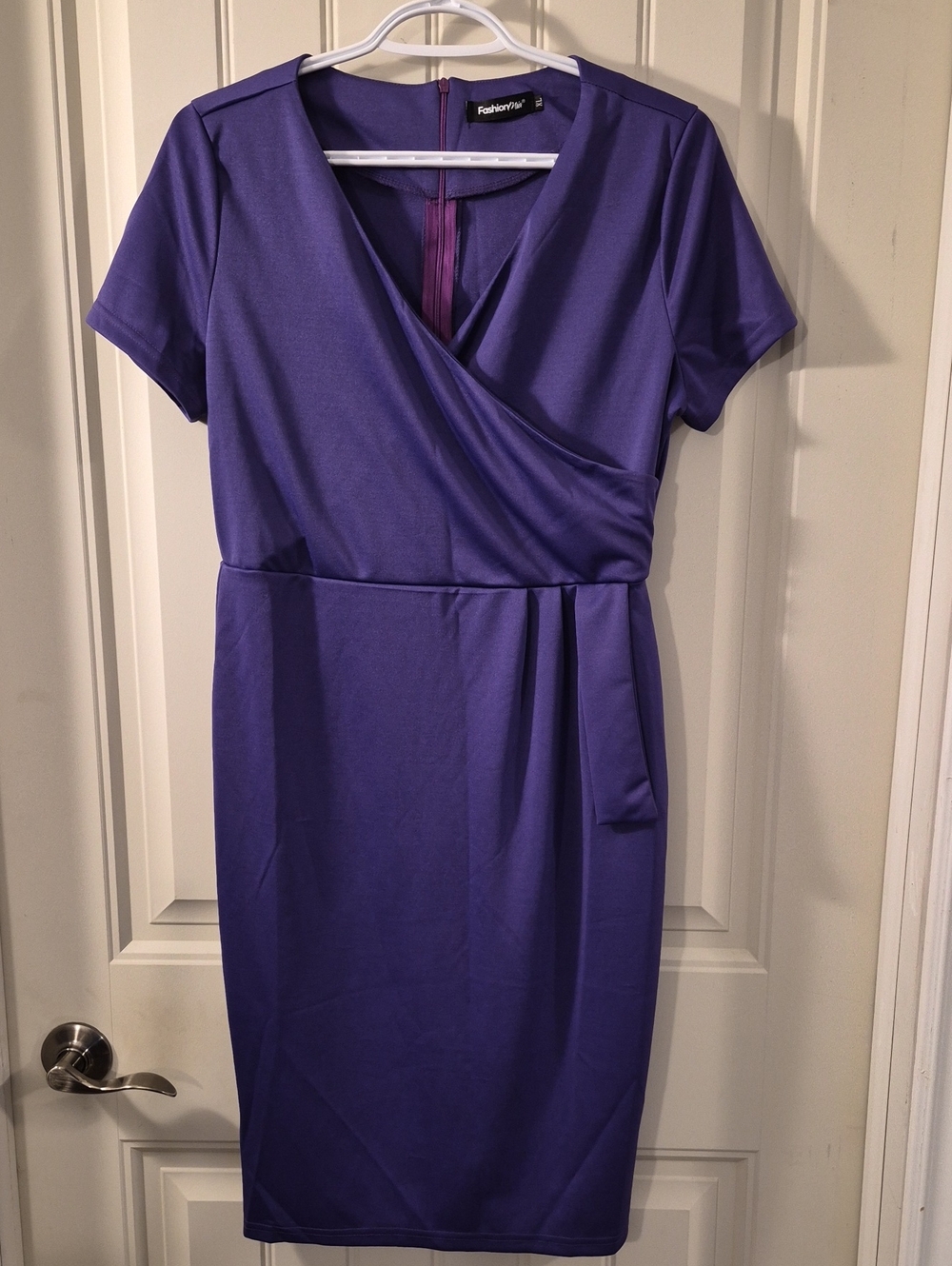 Fashion Bug Purple Faux-Wrap Midi Dress with Short Sleeves